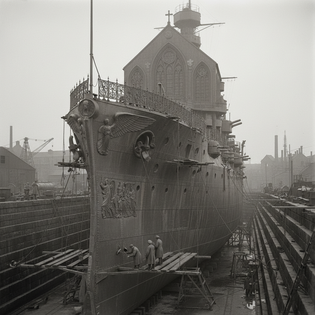 The Vigil Ark of Saint Uriel in its harbour drydock — fully assembled, motionless, scaffolding along its hull, empty sky above, artificers on quarterly maintenance below