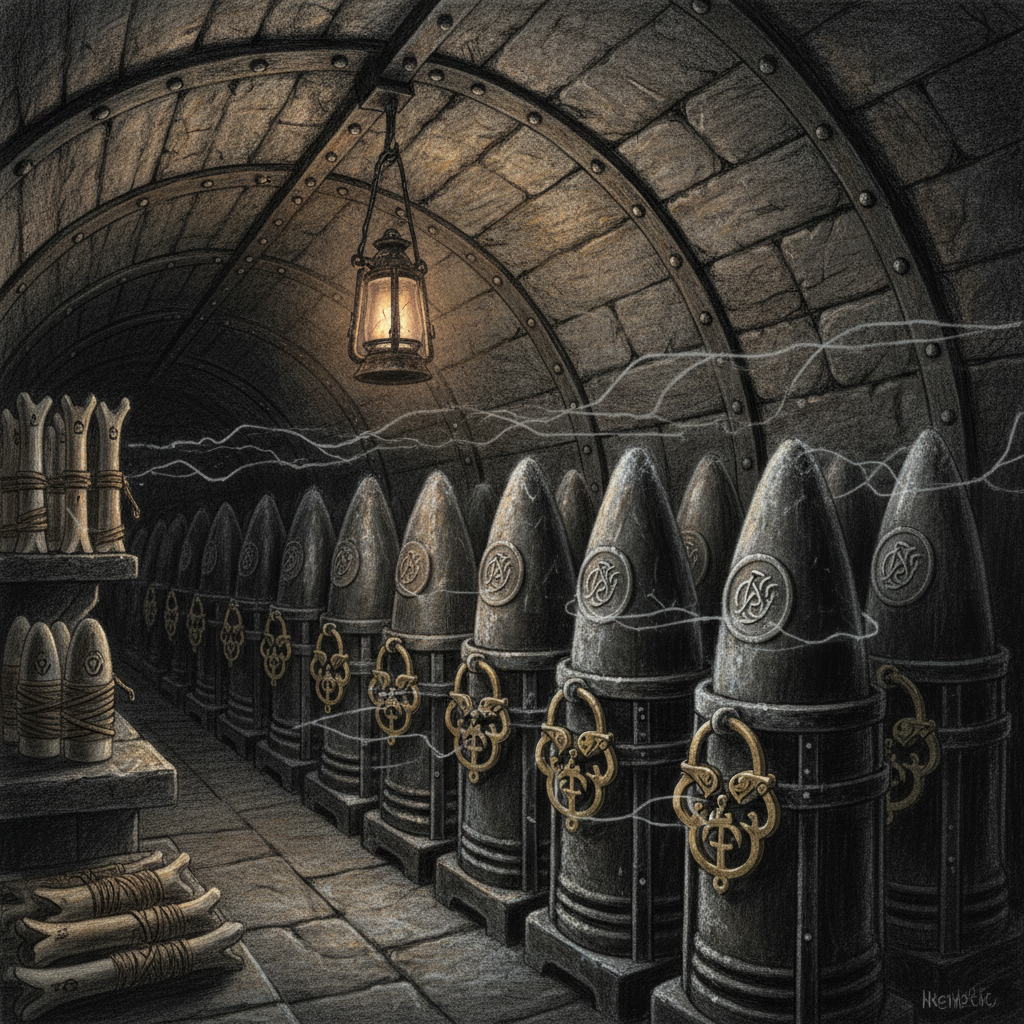 Level Four of the Shackled Flame Workshops — cold iron shells in containment racks, a single lantern casting dim light, no human figure, the sub-liturgical hum implied in the absolute stillness