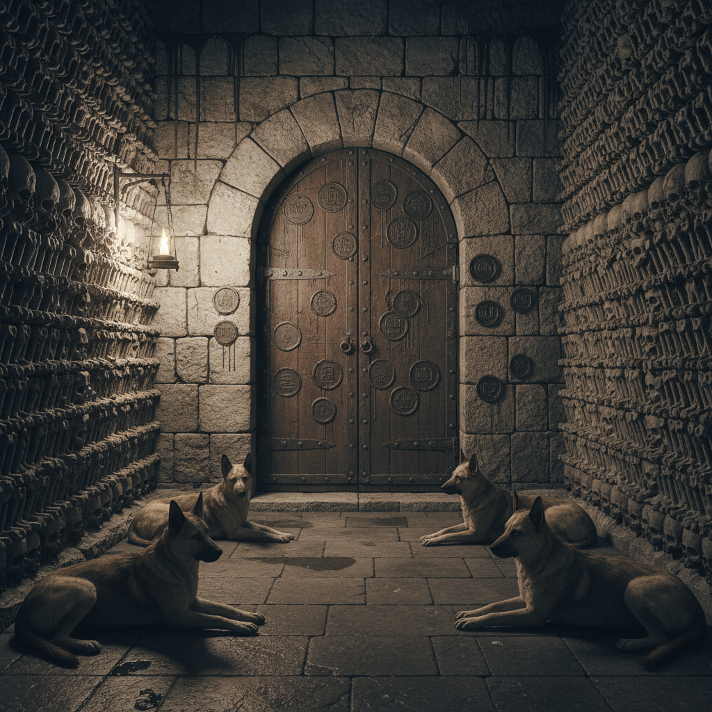 The sealed archway of the Third Ossuary in the Ossuary Rings at night — Byzantine stonework, seventeen wax-seal layers on iron-bolted door, six garrison dogs in a row facing the arch with patient stillness, single tallow lantern