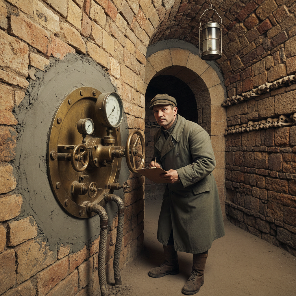 The Compound 7 extraction valve fitted into resealed Byzantine stone — a grey-coated valve technician at the gauge with clipboard, bone-course corridor, institutional lamplight, careful routine expression