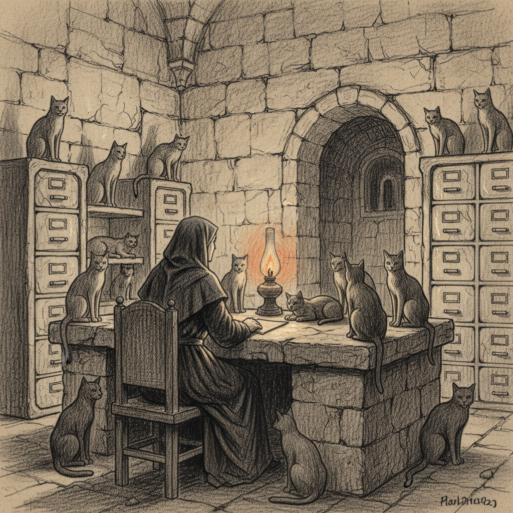 Mother-Cryptor Sabine at her desk in the Fifth Ring cell, back turned deliberately away from the direction of the Third Ossuary, fourteen cats on the desk and filing cabinets, single oil lamp, bone-course walls