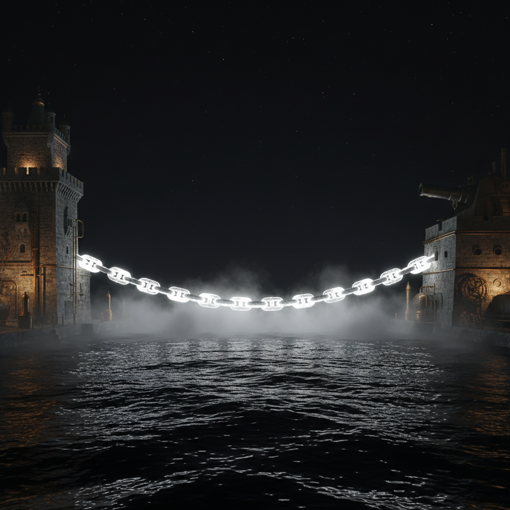 The Chain of Saint Anakletos burning white-hot across the Bosphorus at night, three hundred and forty-seven iron links blazing against black water, fog and steam rising from the strait
