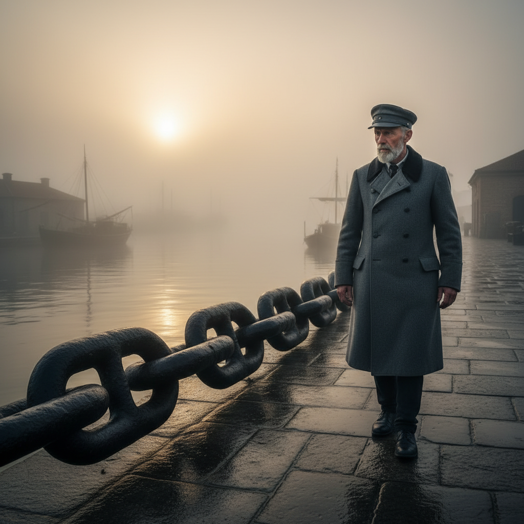 Harbormaster Joram Clee walking the fortified quay at dawn, eyes on the chain links, the Bosphorus in morning mist beside him
