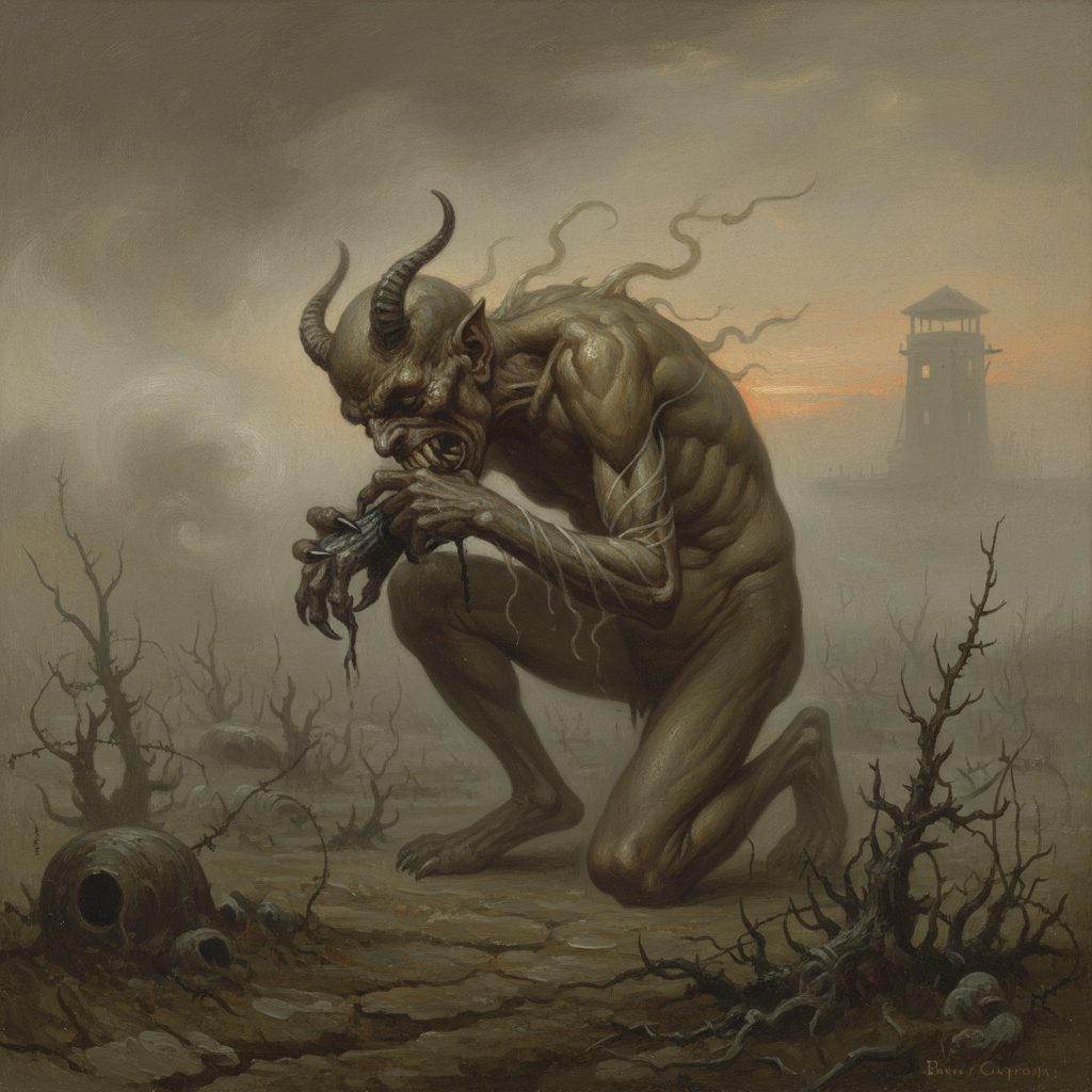 A hunched demon figure in the Blightmarsh depression consuming its own forearm at dusk, regenerating flesh visible at the shoulder, fog and dead scrub surrounding it, stone observation post silhouette at the far edge