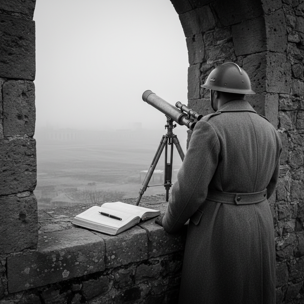 A grey-coated soldier at Observation Post Sigma-7 standing with back turned to the observation scope, log book open on the parapet, the Blightmarsh barely visible in morning fog beyond the embrasure