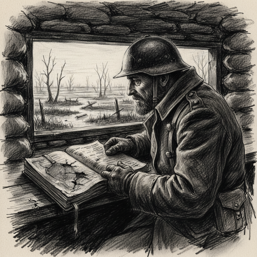 A soldier hunched over a log book at an observation post, the leather binding half-consumed with teeth marks, his face turned toward the narrow observation slit, the Blightmarsh faintly visible beyond in dawn light