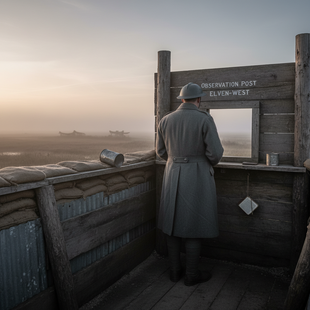 Observation Post Eleven-West sentry standing with his back rigidly turned to the eastern embrasure, empty ration tin beside him, the observation log hanging untouched, the Blightmarsh barely visible in morning mist beyond the gun-loop