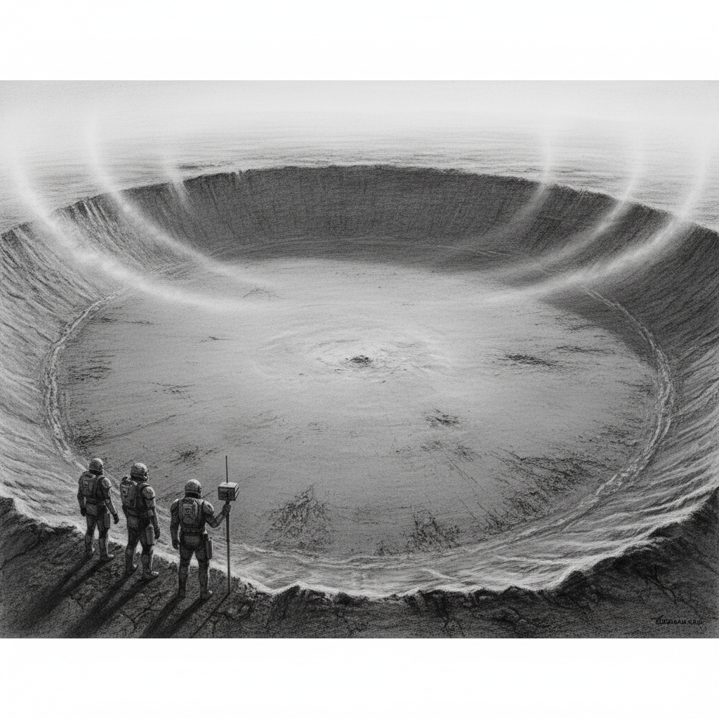 A fovea — a vast circular depression of dead grey consumed earth where a Gorged once sat, no vegetation, three Bureau of Engineering survey soldiers standing at the rim for scale, far edge lost in morning fog