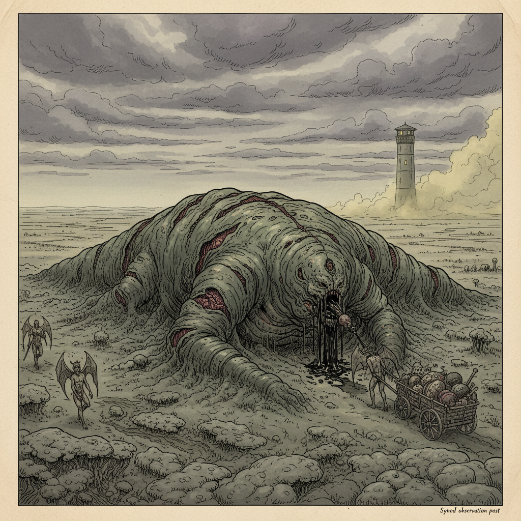 A cathedral-sized Gorged demon anchored in the Blightmarsh, body split and re-healed countless times, grey mucor-fames coating dead ground around it, lesser demons dragging offerings toward its crying mouth, distant Synod observation tower in fog