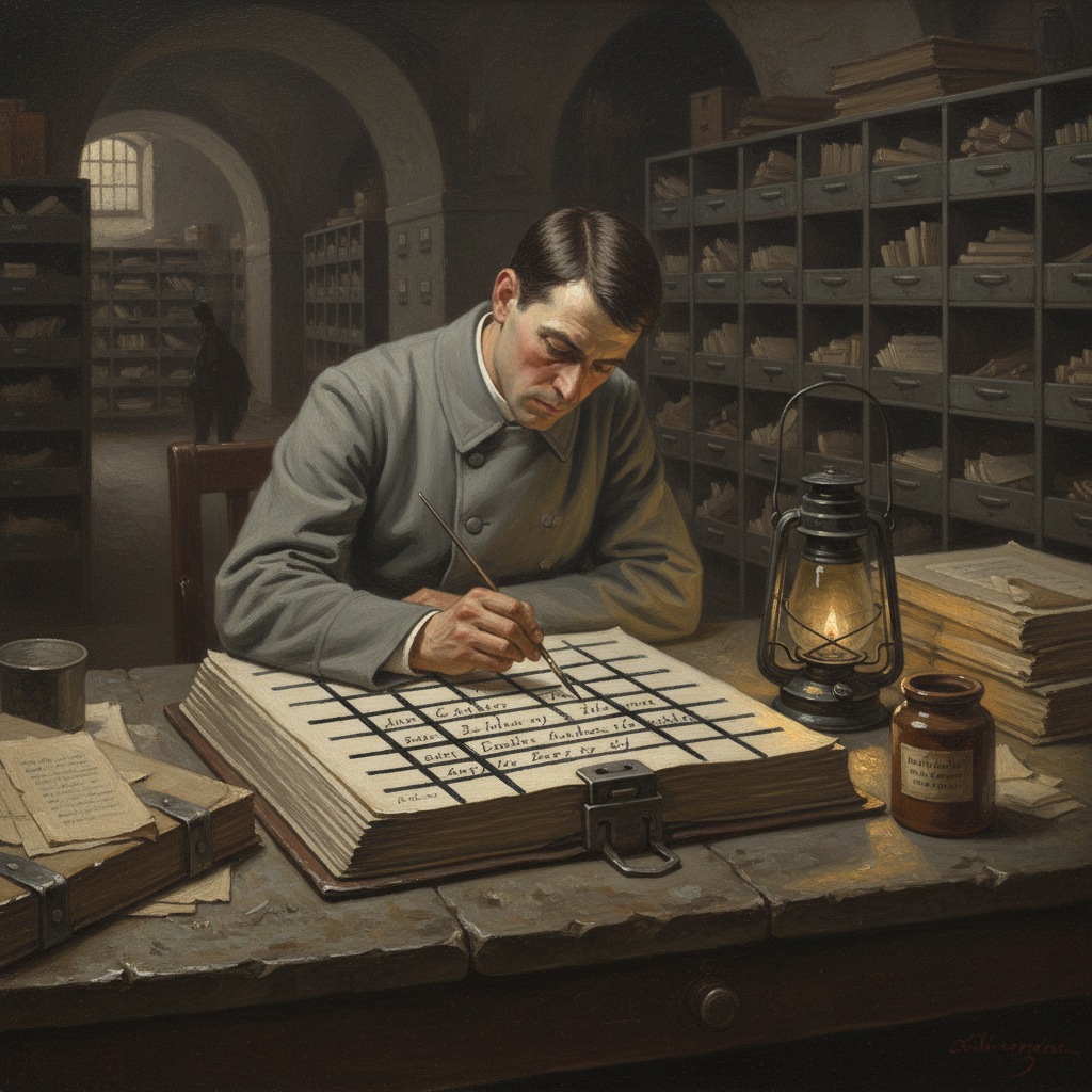 A Bureau of Records scribe drawing the Mortuary Black grid across a name-entry in the Great Ledger of Souls, fine brush crossing black lines over fading letters, bone-ash ink jar beside him, tallow lantern, iron filing cradles receding into shadow