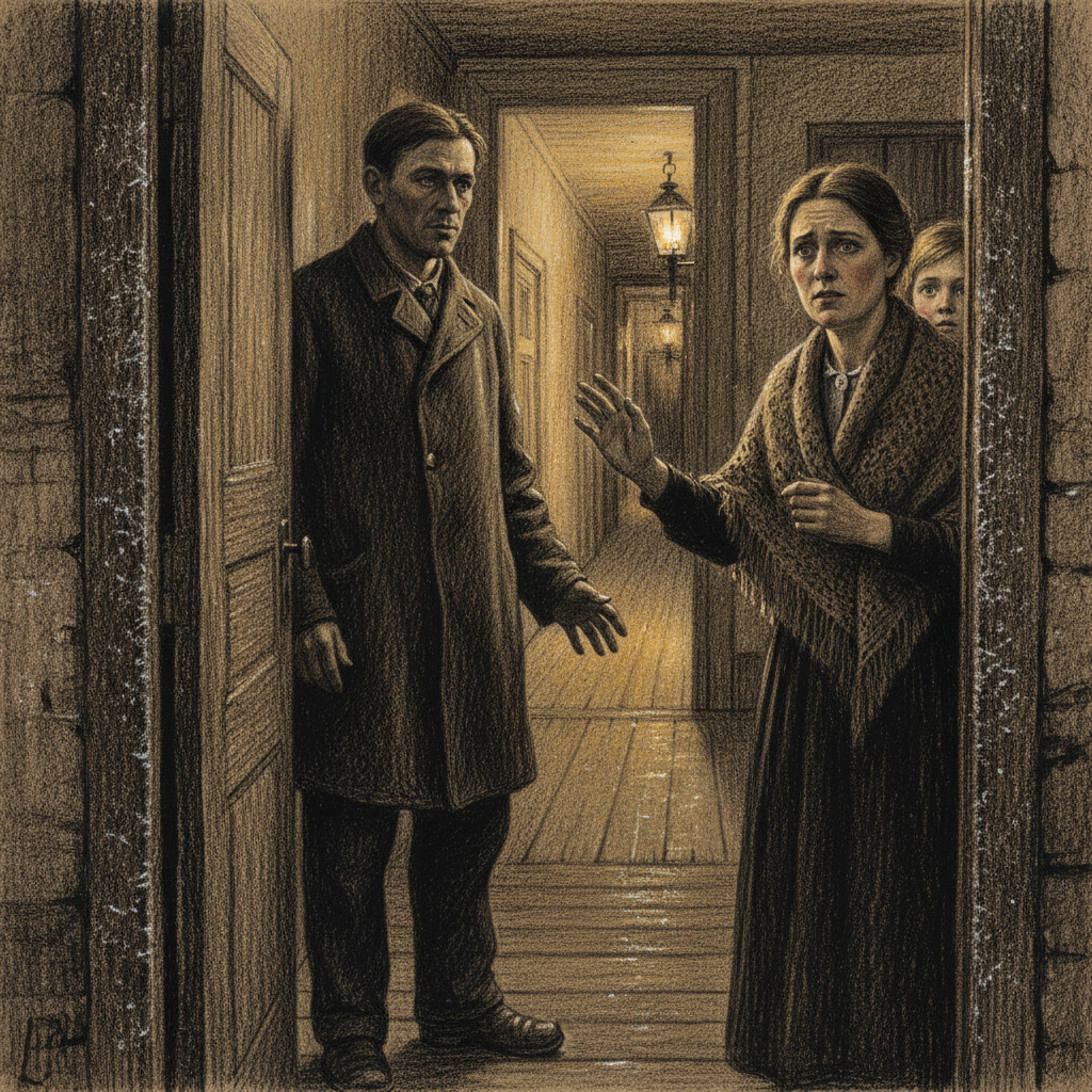 A dissolved man standing in his tenement doorway at night, his wife looking past him with the expression of a woman who hears a sound she cannot place, frost on the doorframe, a child half-visible behind her, gaslit corridor extending behind him