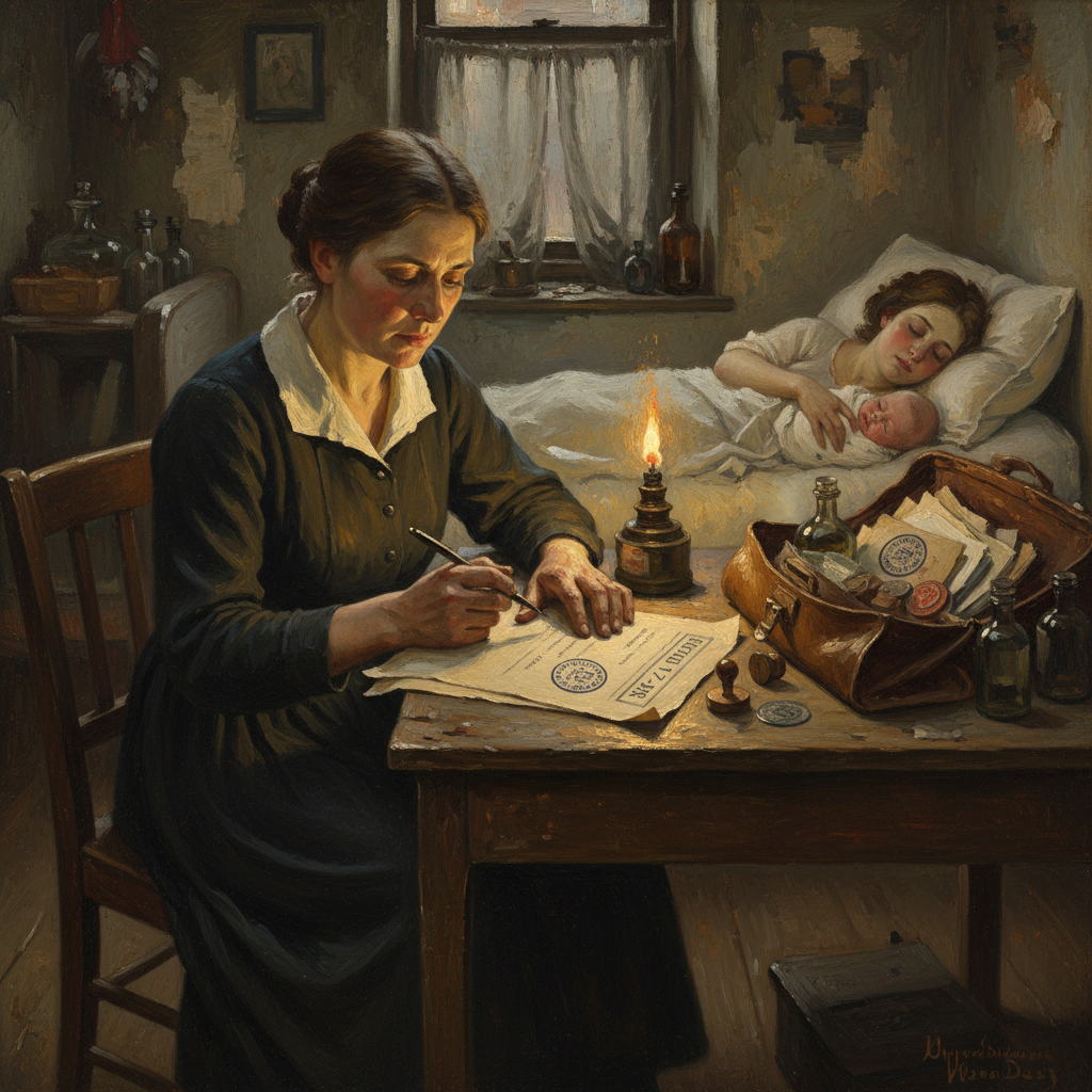 A midwife at a tenement bedside by tallow lamplight, ink-stained hands with a pen poised above Form 7-NR bearing two watermarks, leather satchel open on the chair, the exhausted mother in the background, the swaddled newborn beside her