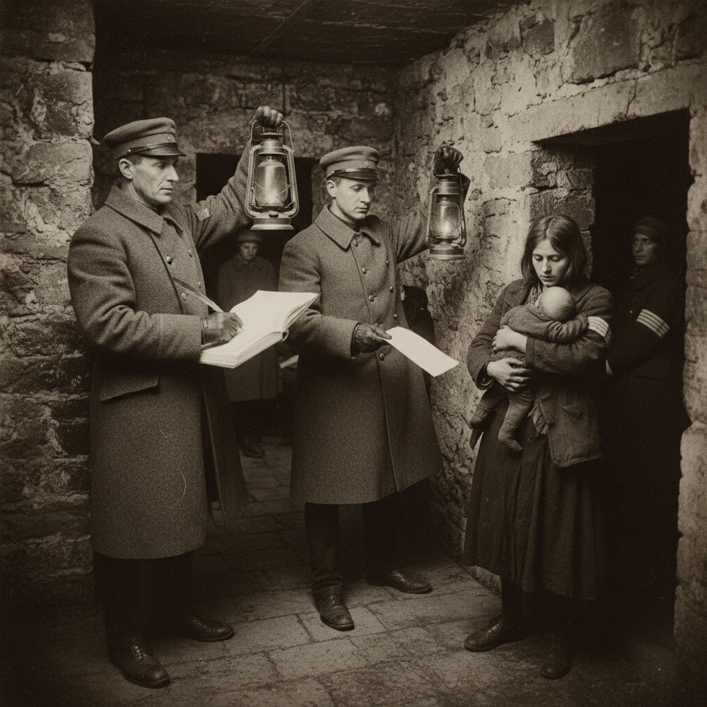 Joint Bureau of Purity and Bureau of Records suppression team in a stone basement warren at curfew, two grey-coated officials with lanterns, a clerk extending a blank Form 7-NR toward a young mother clutching her unregistered infant