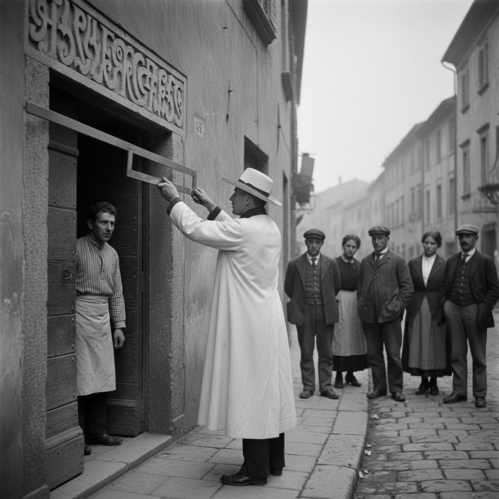 White-Mantled Inquisitor applying a brass angle-gauge to carved letters above a merchant shop door on a Lombard market street, bystanders watching with neutral expressions