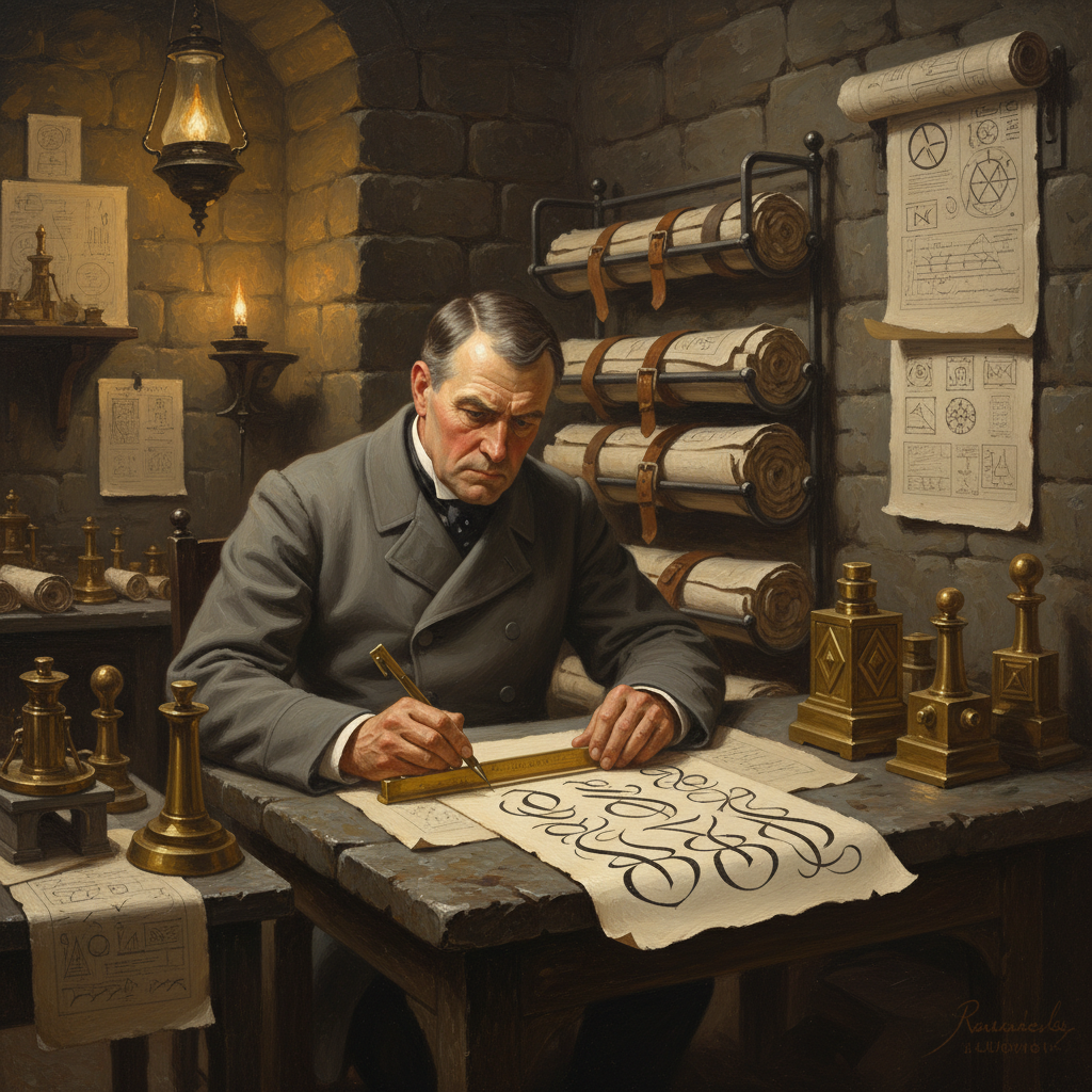Bureau of Purity calligraphy examiner applying a brass angle-gauge to letterforms on sanctioned parchment at a stone desk, tallow lamps, iron filing cradles behind him