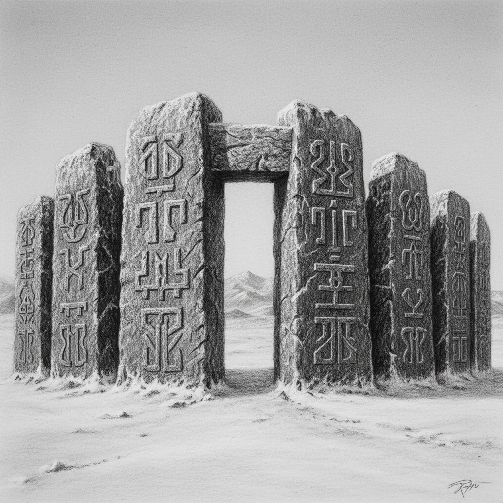 Seven monolithic Treaty-Stones at the Steppe Gate in winter, stone faces carved with precise angular script, frost on the carvings, gateway arch between the outermost stones