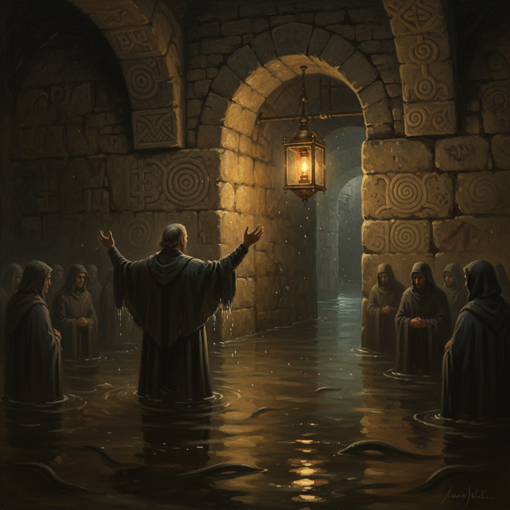 Flooded Avignon catacombs at low tide, the Drowned Pontiff seen from behind with arms raised above brown Rhone water, congregation waist-deep around him, pre-Roman symbols on vaulted stone walls, eel-shapes in the water below