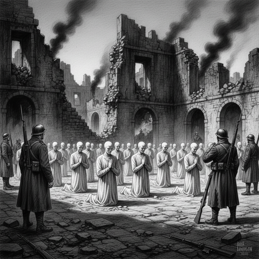 Calcium-white faceless figures in postures of prayer arranged in rows across a ruined Avignon courtyard at dawn, smoke-blackened walls, garrison soldiers keeping their distance at the far edges