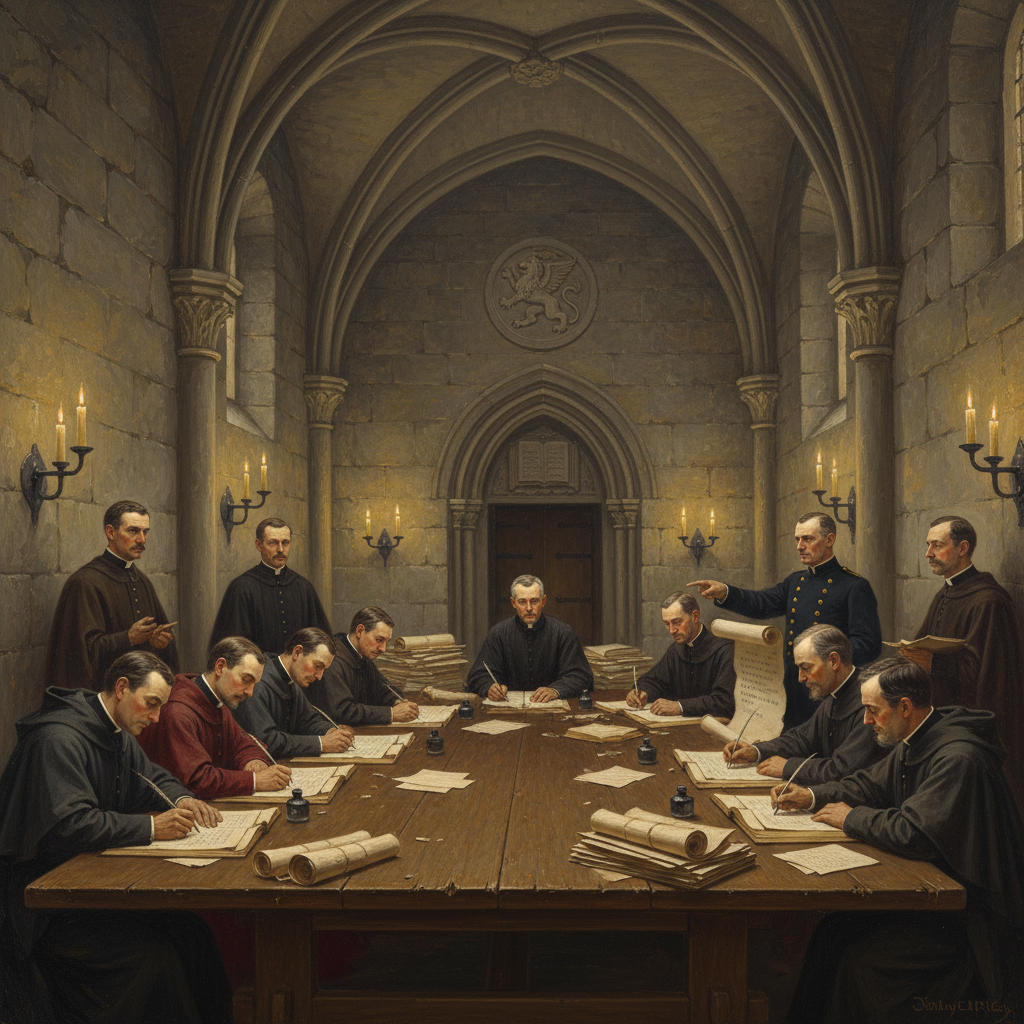 The Cloister of Concord during the drafting of the Catechism of Obedience — exegetes and theologians at a long stone table under a vaulted ceiling, candles and quill-pens, a military attache gesturing at the text