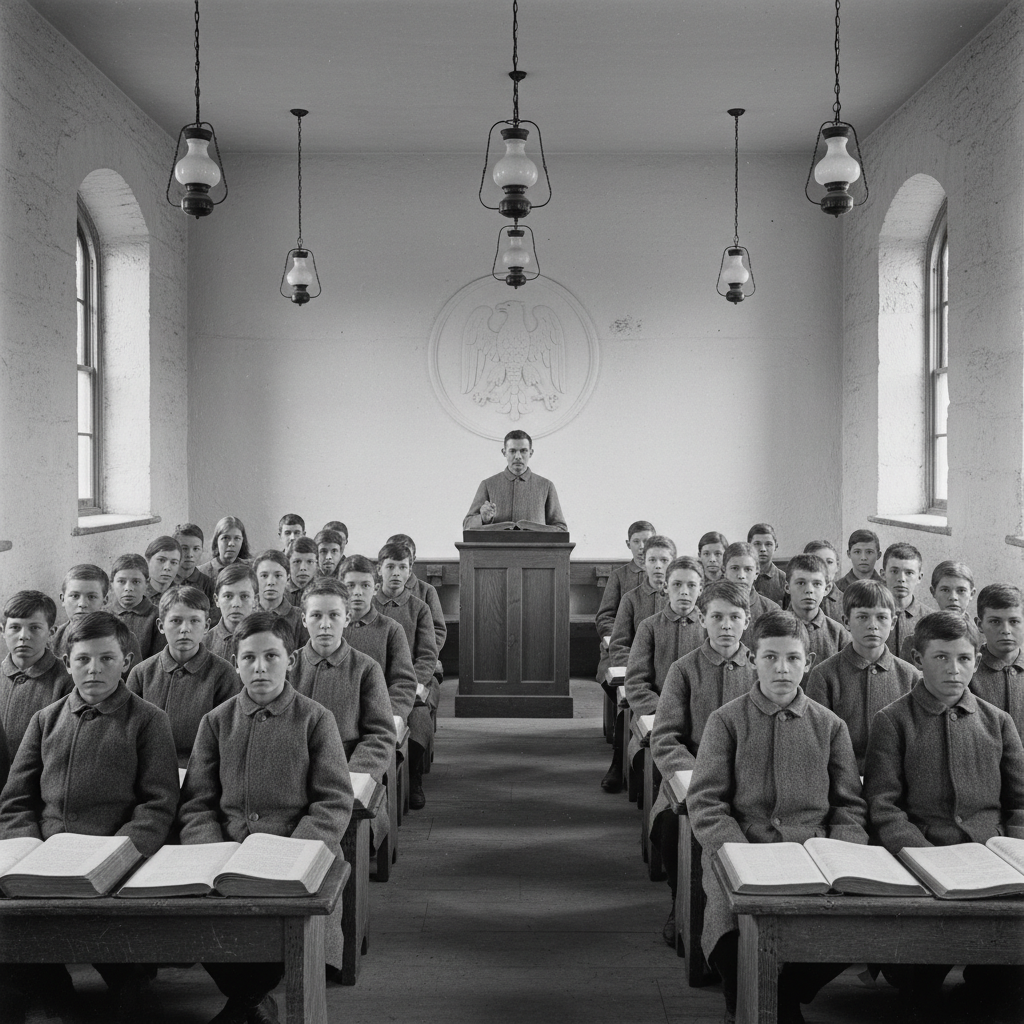 Interior of a Bureau Catechism School — rows of children in plain grey coats at wooden benches, each with a grey-vellum Catechism open before them, a teacher at the lectern