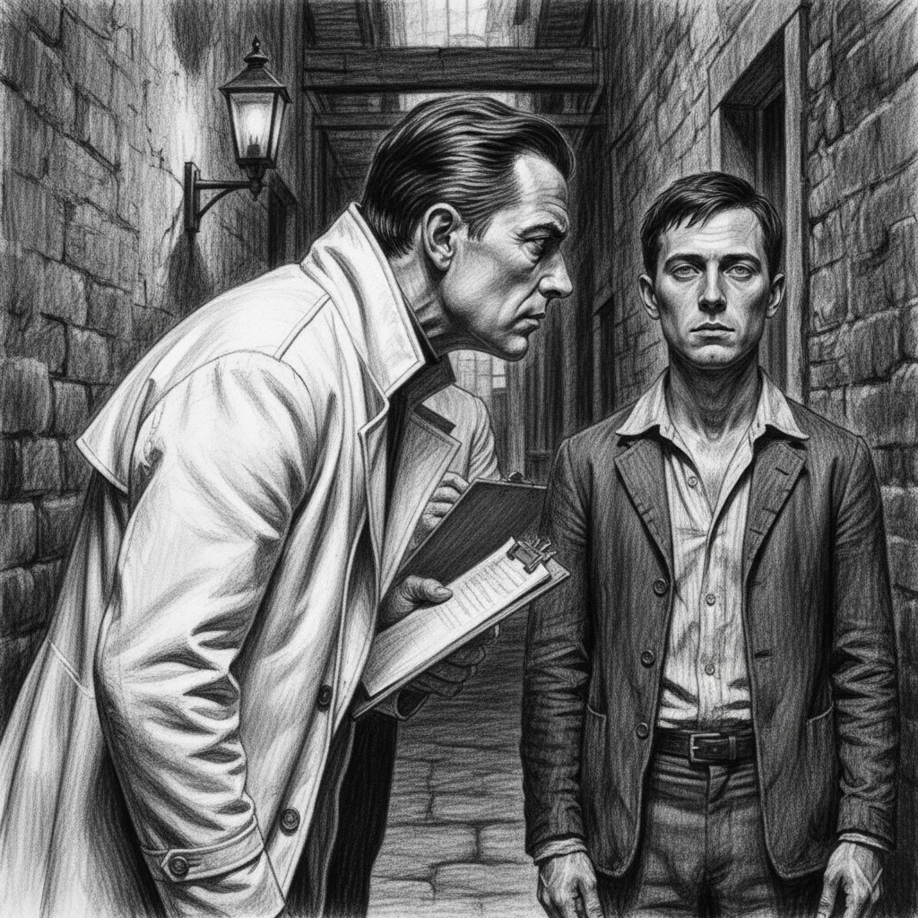 A White-Mantled Inquisitor standing inches from a man's face in a tenement corridor at twilight, studying his expression for indicators of unsanctioned contemplation