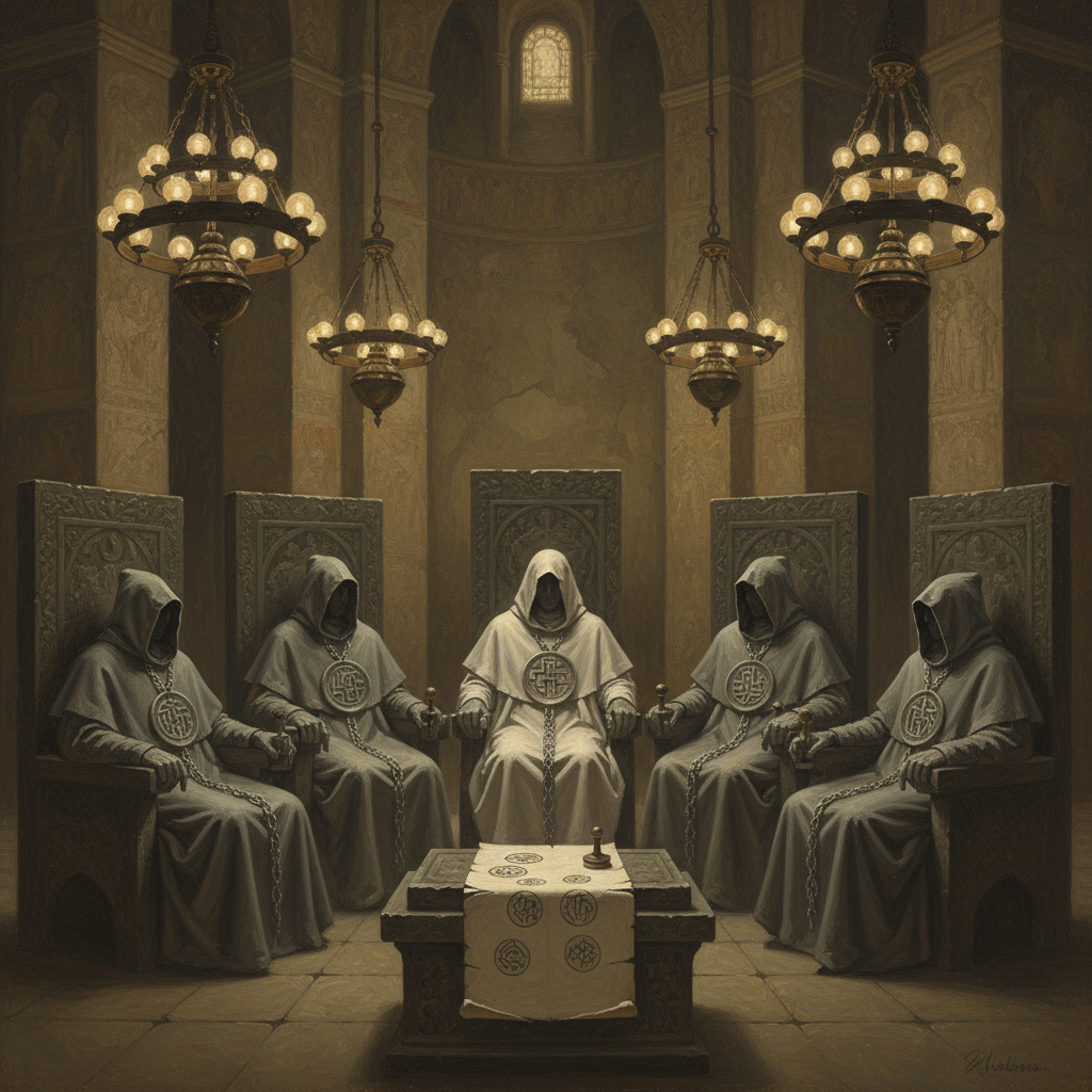 Six grey-robed Hierarchs at carved stone chairs bearing Seal insignia, the seventh chair draped in white cloth and empty, gas-lamp chandeliers above the seven-stamped document on the central lectern.