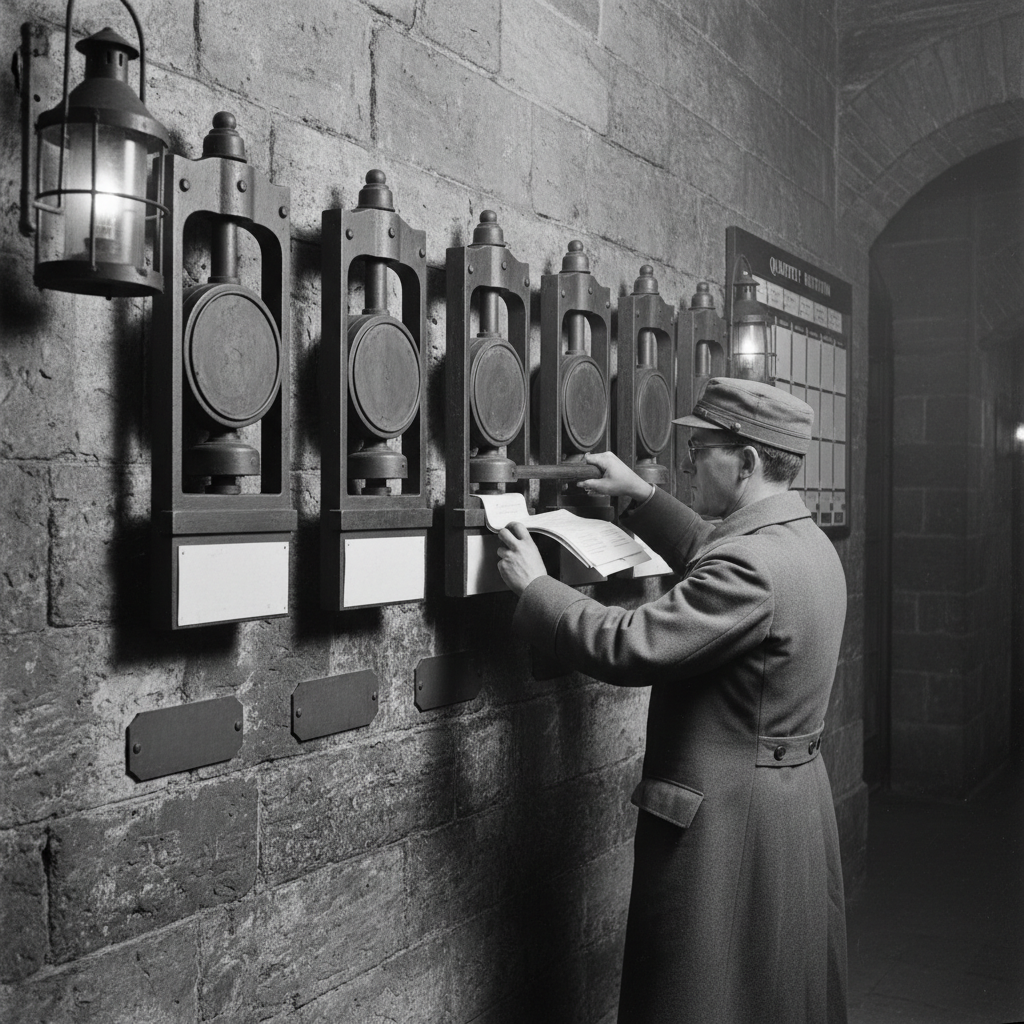 Seven bronze stamp-press frames mounted in a Bureau of Doctrine corridor — each engraved with its Seal's domain, a grey-coated clerk pressing a seven-stamp document at the central press, quarterly rotation placard beside him.