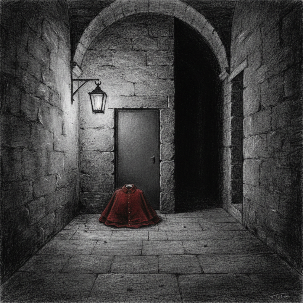 A smooth iron door in the Basilica sub-levels with no handle on the outside, a gas lantern beside it, a folded warm cassock on the floor before it, the corridor featureless in both directions.