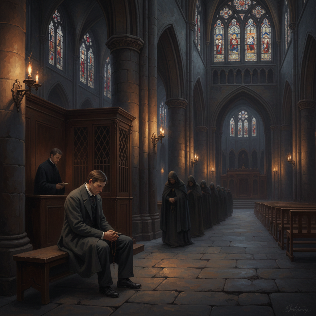 A plainly-dressed man sits on a stone bench outside a confessional booth in a Strasbourg cathedral at dusk, rosary in his lap, head inclined toward the booth door, tallow lamps along stone pillars