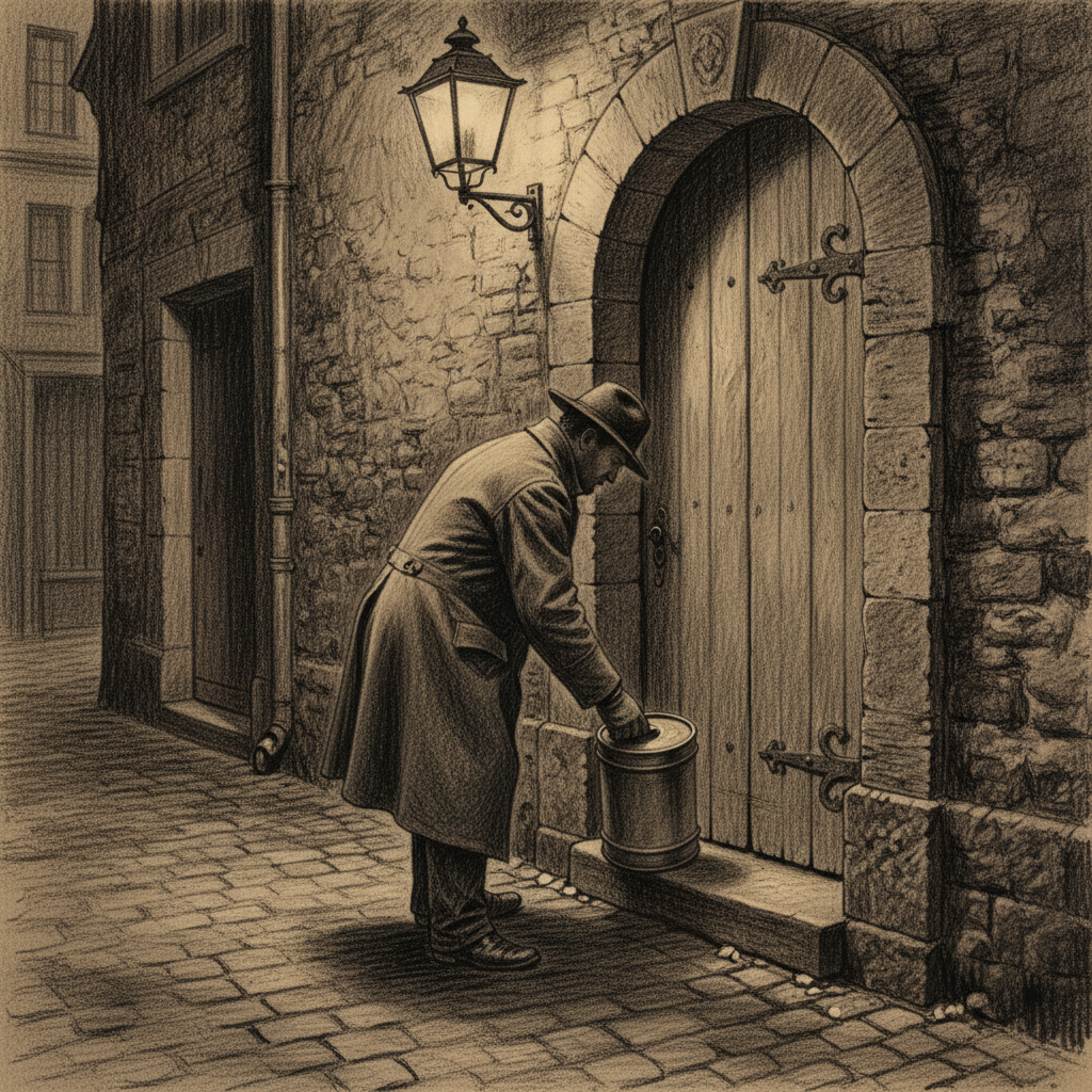 A courier in a plain greatcoat lifts a sealed folio from a stone doorstep in a narrow Strasbourg alley at dusk, gas lamp above the archway, the door closed, no face visible