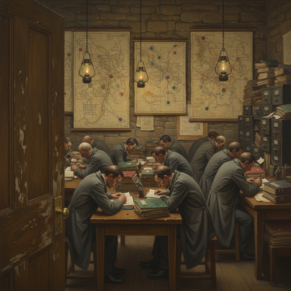 Bureau of Inter-Infernal Analysis, east wing — fourteen analysts at desks with coloured-pin dossiers, seven wall maps with sin-general marker threads, filing cabinets stacked high, scuffed oak door, tallow lamps on dressed stone