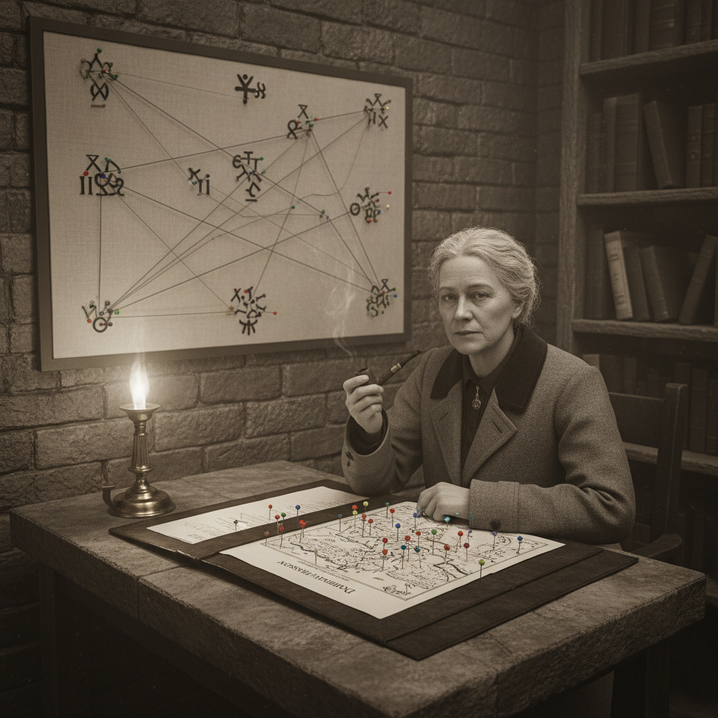 Assessor-Tertiary Yrsa Haugen at her stone desk, pipe in hand, leaning over Dossier Vermillion with coloured-pin annotations, a seven-thread pinboard behind her, grey coat, tallow lamp, WWI-era