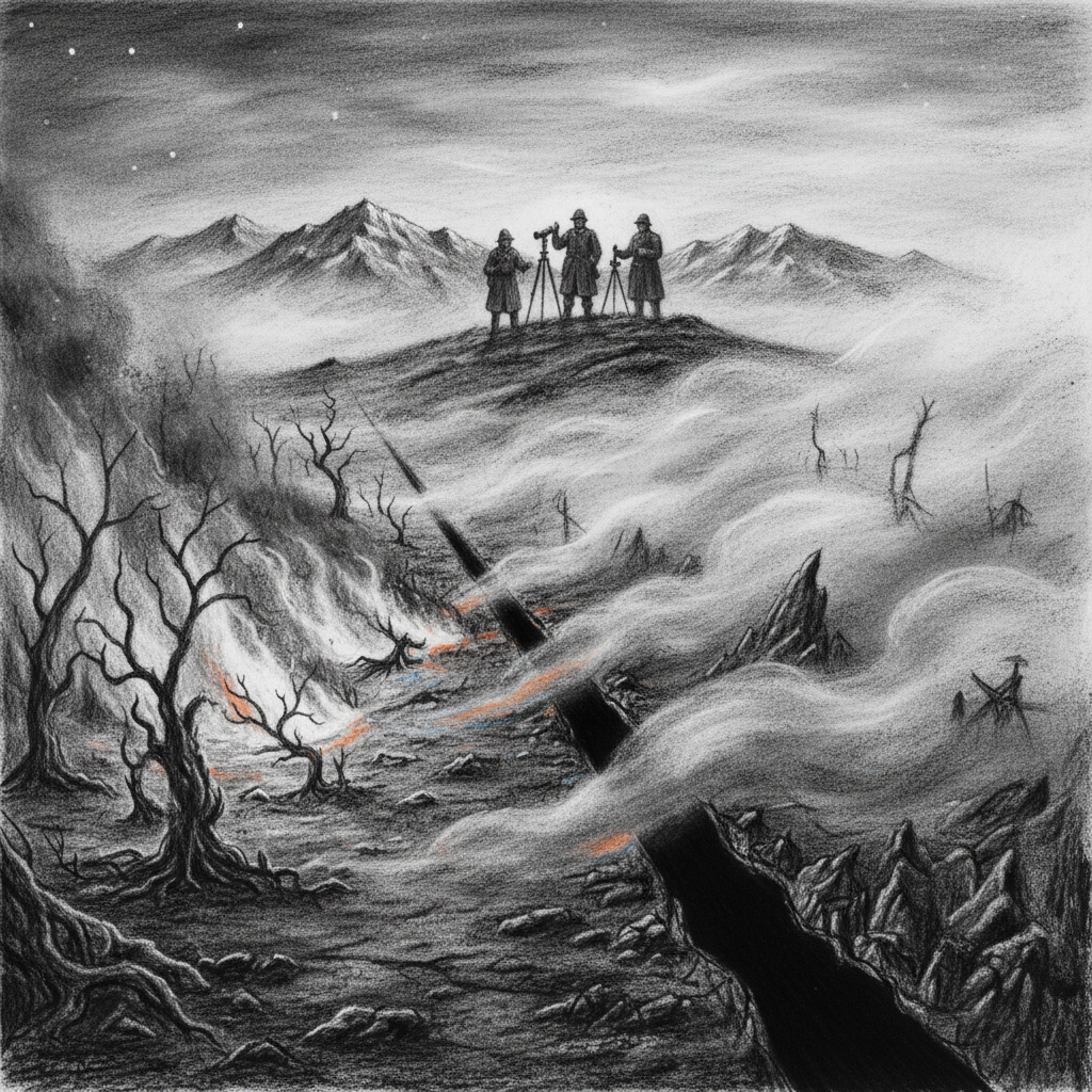 The Maldrake-Syrion contact zone in the Balkan foothills — fire and dense grey fog meeting at a stable impossible boundary, three Bureau of Engineering survey soldiers silhouetted on a distant hilltop with instruments