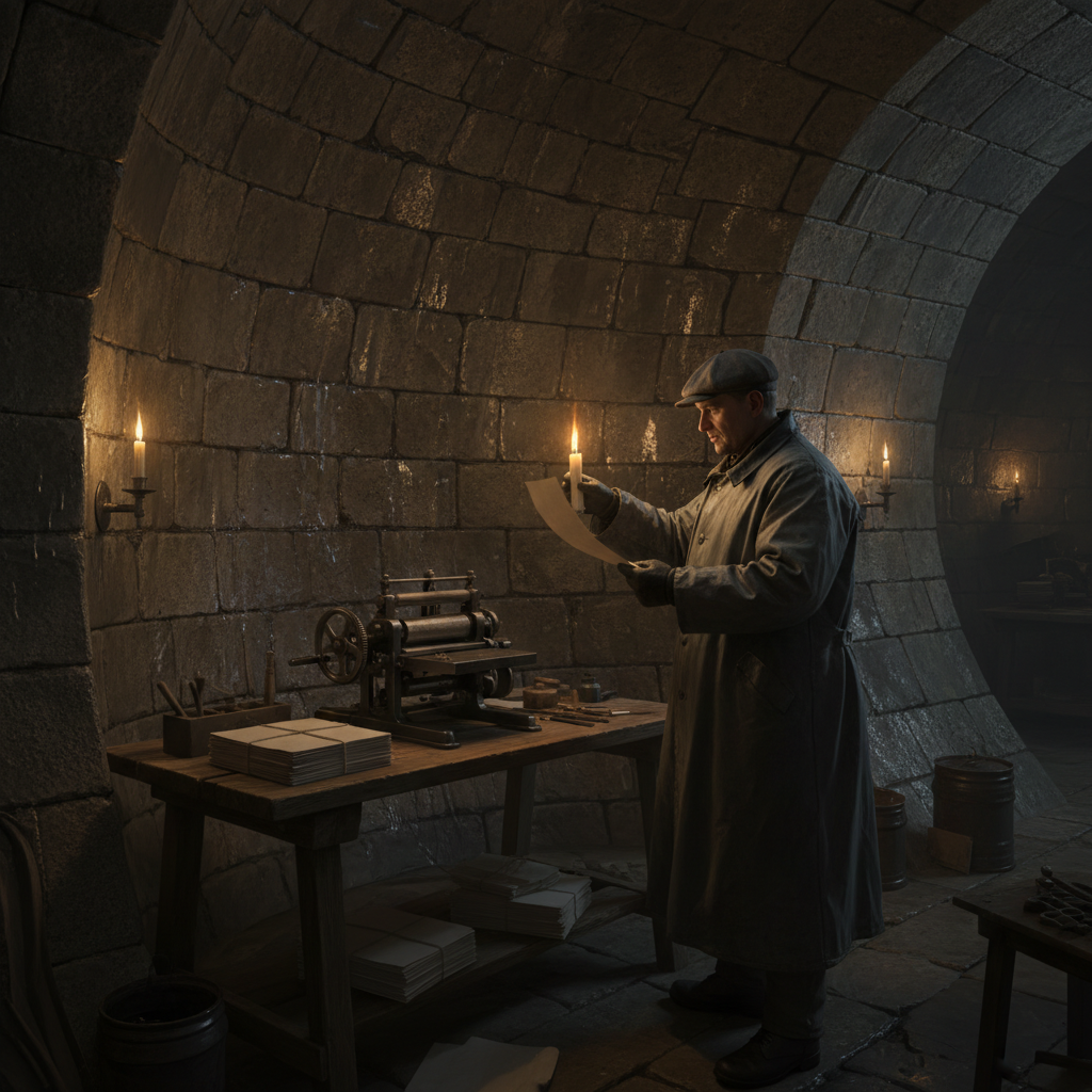 Pylon Warrens printing cellar at night — grey-coated figure holding a blank crossing paper against a candle flame, printing press on workbench, blank sheets stacked beside it, the pylon's curved masonry wall above.