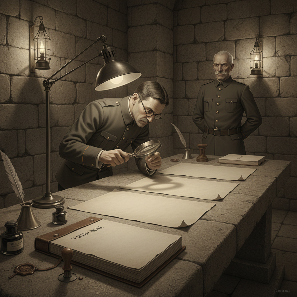 Bridge Tribunal clerk examining three blank crossing papers under an angled lamp in Judge Krail's stone chamber, Tribunal folio open beside them, the absence of watermarks the subject of inspection.