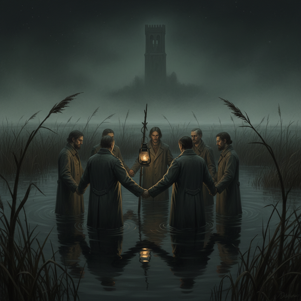Seven plain-coated figures standing waist-deep in black marsh water, hands linked in a ring facing a dimmed amber lantern at the centre, reeds bent away from the circle, fog flat on the water, distant bastion bell-tower barely visible.