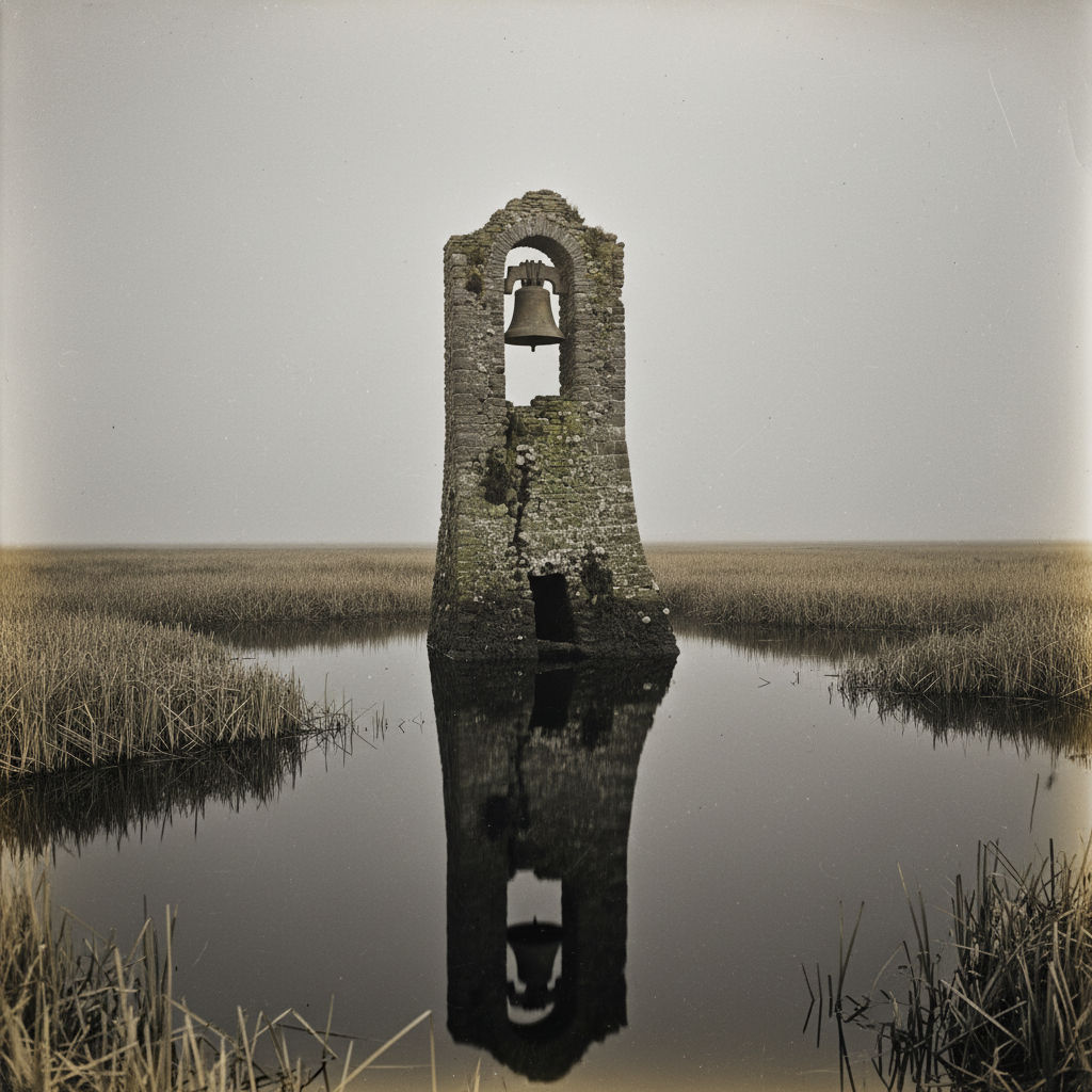 The Drowned Shrine's corroded bell-tower rising from black still water in the Shipka Marsh, the flooded belfry barely visible at the top, dense reed-beds surrounding it, grey overcast morning light.