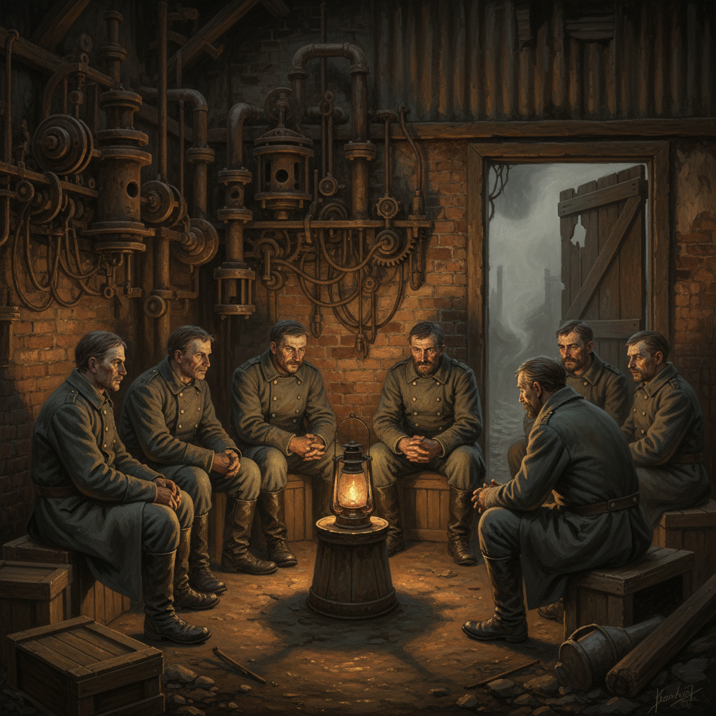 Seven exhausted clerks and telegraph operators sitting in a rough circle on crates in a lamp-lit pump-shed at night, a dulled tallow lantern at the centre, fog at the cracked door, corroded iron pump-machinery on the walls.