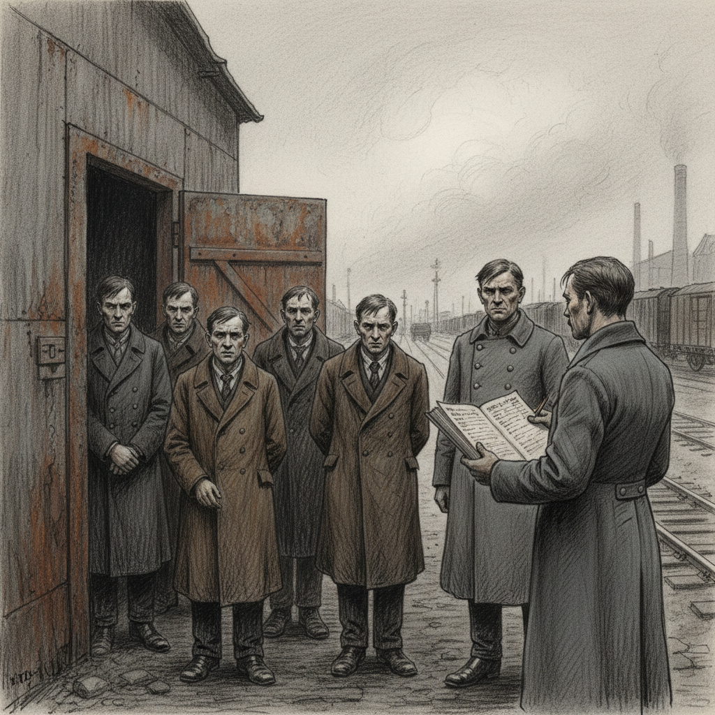 Four grey-coated Bureau of Purity officers at a corroded iron shed door, five dishevelled clerks being led out into grey rail-yard light, one officer with an arrest ledger, Bastion-Shipka rail yards behind.