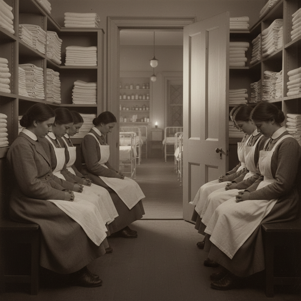 Six nurses and orderlies in grey coats seated on a low wooden bench in near-darkness, heads bowed in murmured counter-litany, hospital dispensary ward dimly visible through a half-open door behind them.