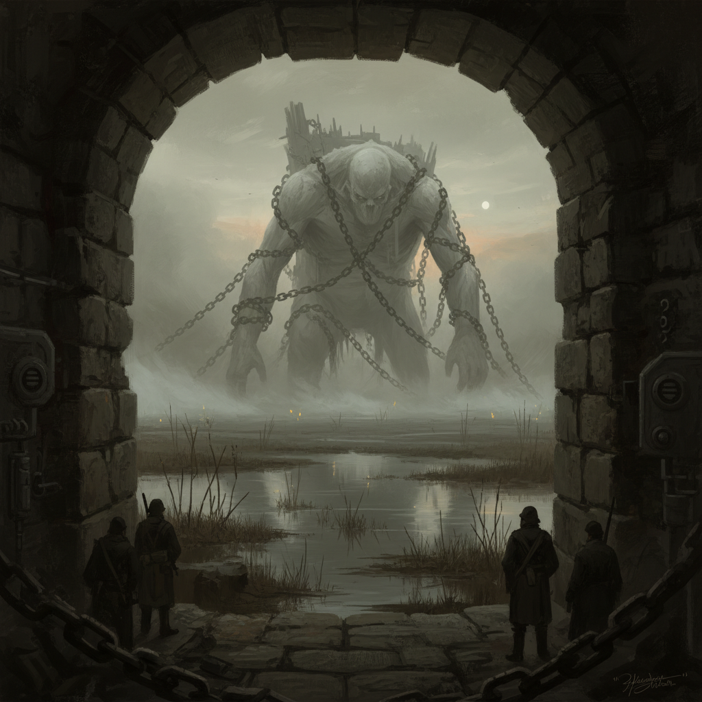 A Slumber-Hulk glimpsed through marsh fog from Bastion-Shipka — vast chain-bound shape, iron links looped across a torso the size of a collapsed tower, pale flesh between chains, dusk light, fortification stonework in the foreground