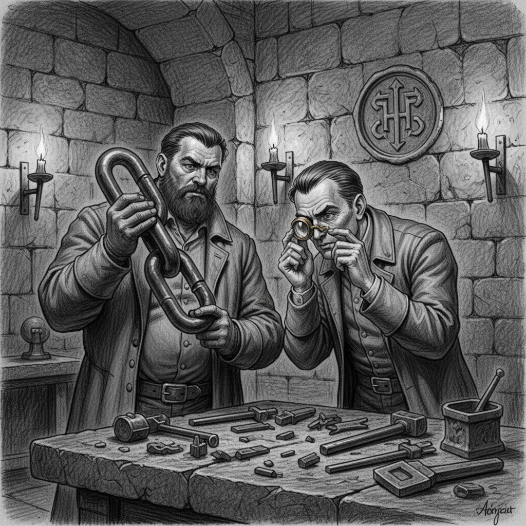 Bureau of Engineering specialists examining a recovered Slumber-Hulk chain fragment — massive dark iron link, featureless surface, two grey-coated experts with a loupe, the atmosphere of men classifying something they cannot classify