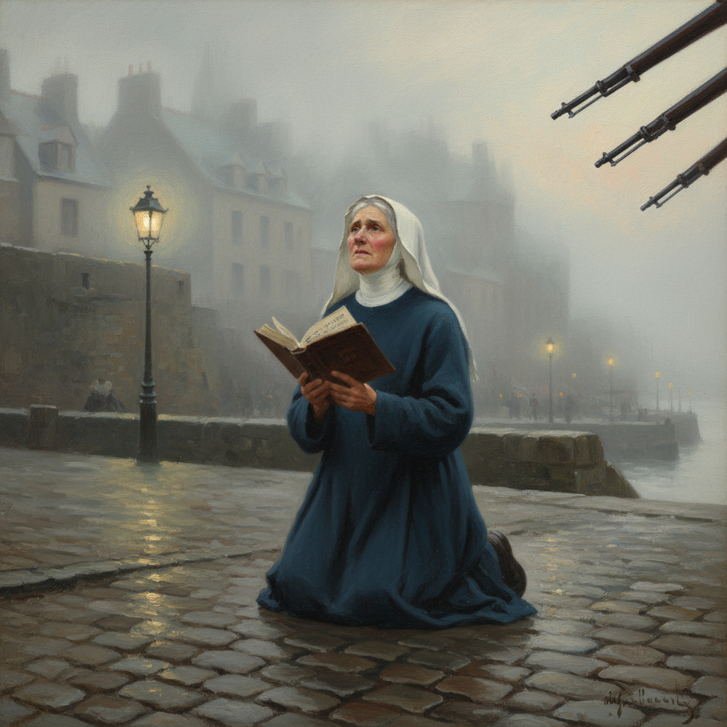 A small grey-haired nun in a wimple kneeling on wet Saint-Malo cobblestones at dawn, psalter held open in both hands, bayonet-points descending from upper right, harbour fog and old town walls behind her