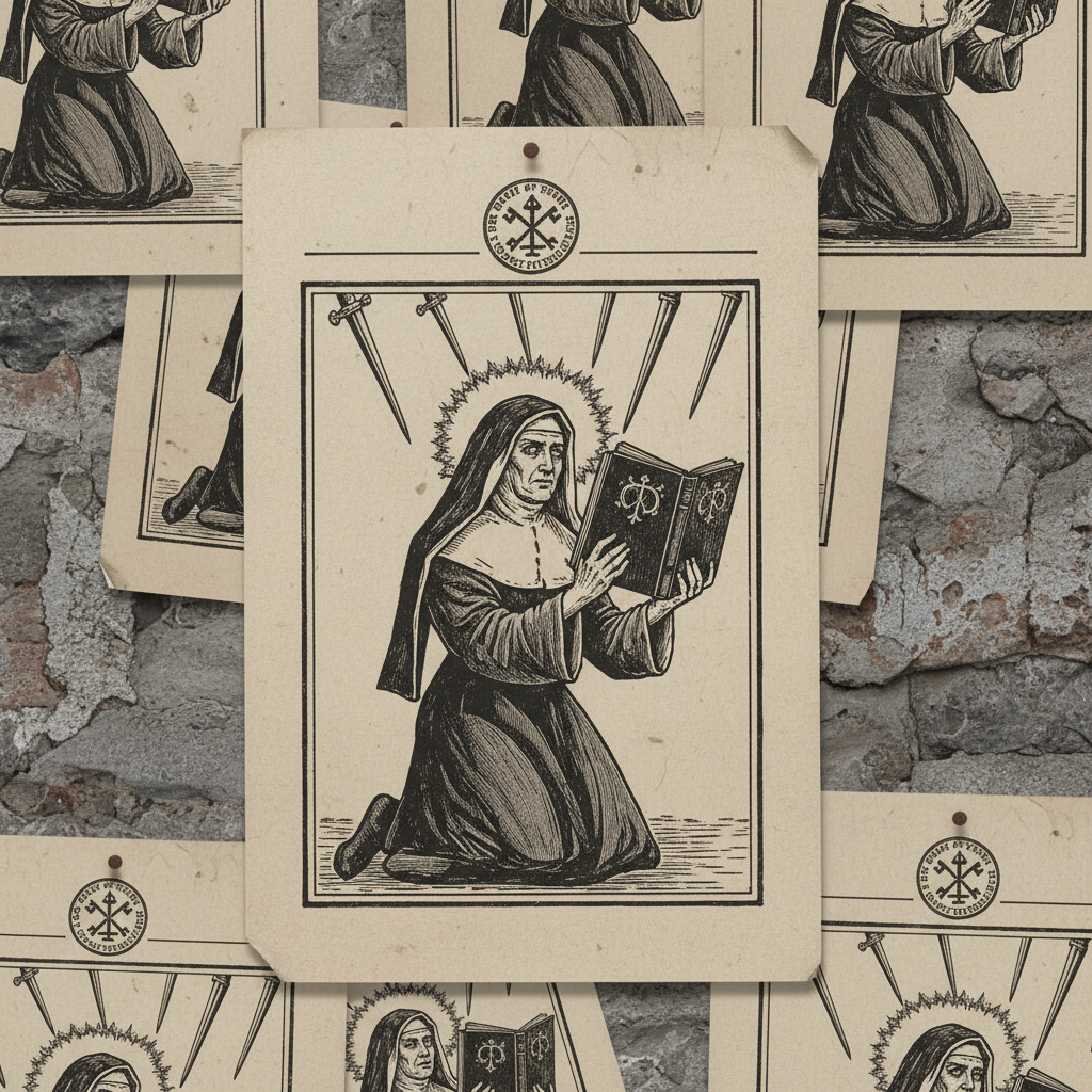 Woodcut broadsheets of Saint Margaux pinned to a Rhineland parish hall stone wall — the kneeling nun with psalter raised, bayonets above, crude halo, printed in dark ink on rag-bond paper