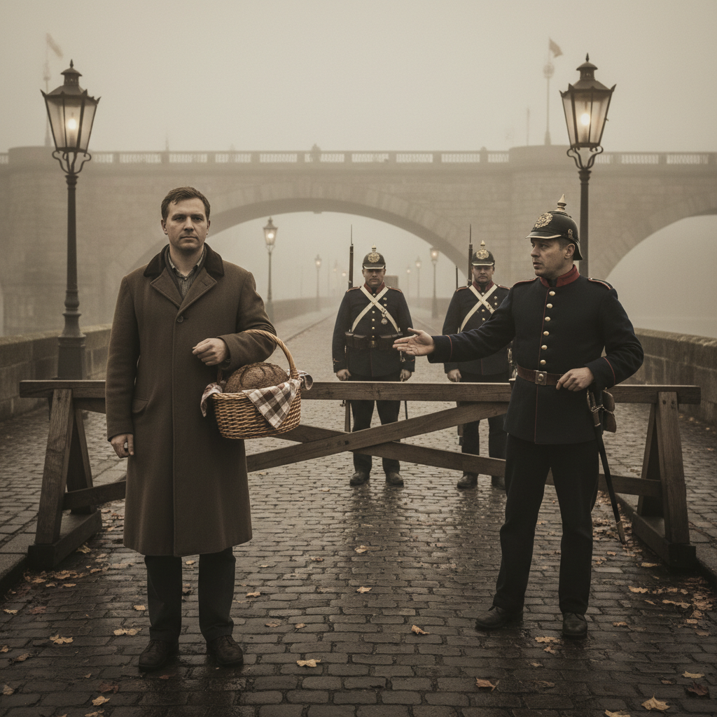 Ignatius Brenner at the Cologne bridgehead checkpoint, plain brown-coated clerk with a wicker breadbasket on his left arm, checked cloth over black rye bread, a Philosophical Prefect waving him through at the barrier, autumn fog on the Rhine.