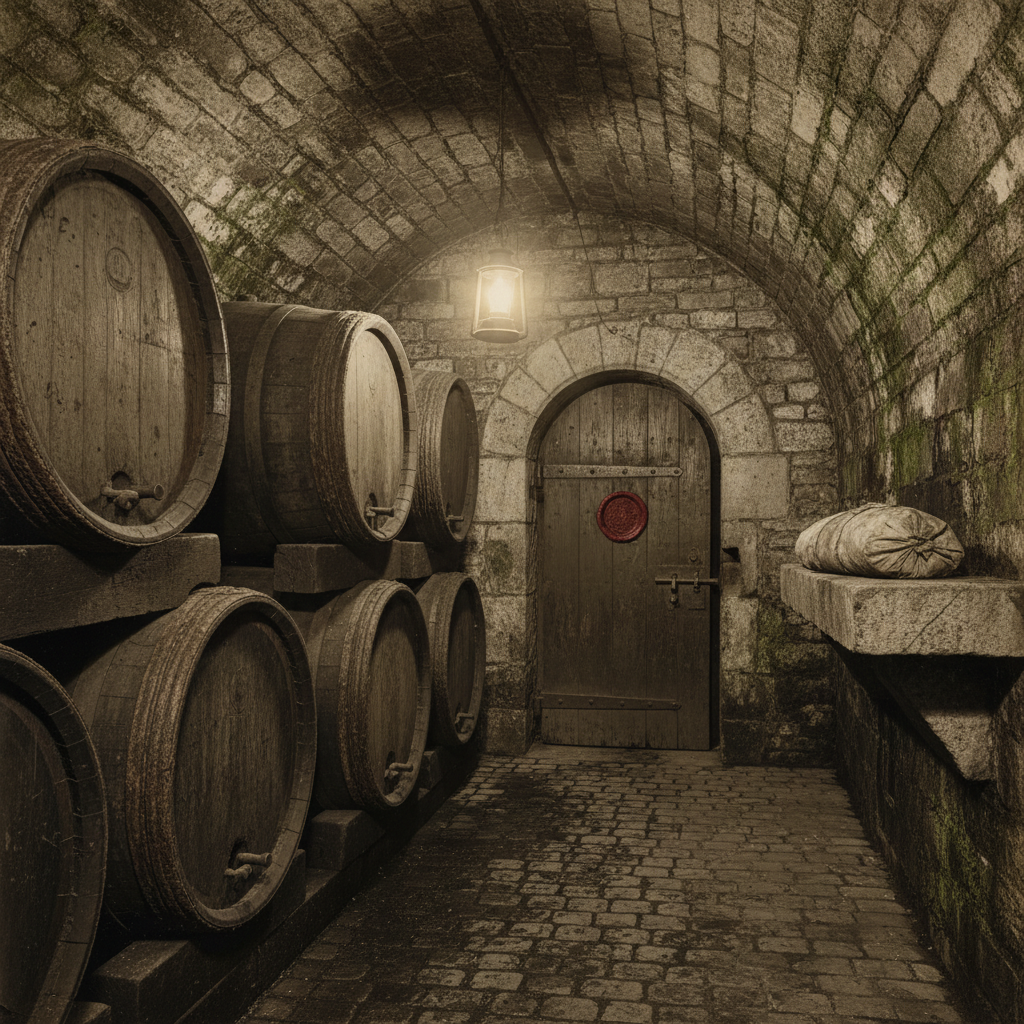 Hartmann's brewery cellar in Deutz, low stone-vaulted fermentation room with casks stacked to the ceiling, sealed crypt door in the far wall with wax seal and iron bolt, oilcloth-wrapped parcel on a stone shelf beside it, tallow lantern on a hook.