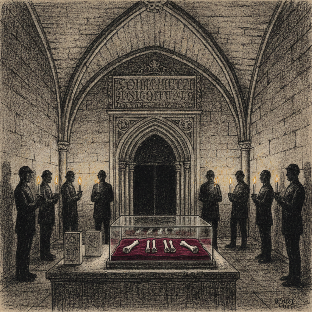 Three apostolic phalanges in a shallow velvet-lined glass case lit from below in the Relics Archive at Strasbourg, silhouettes of porters and supply-runners with candles standing around the case on Feast Day, stone archive vaulting above.