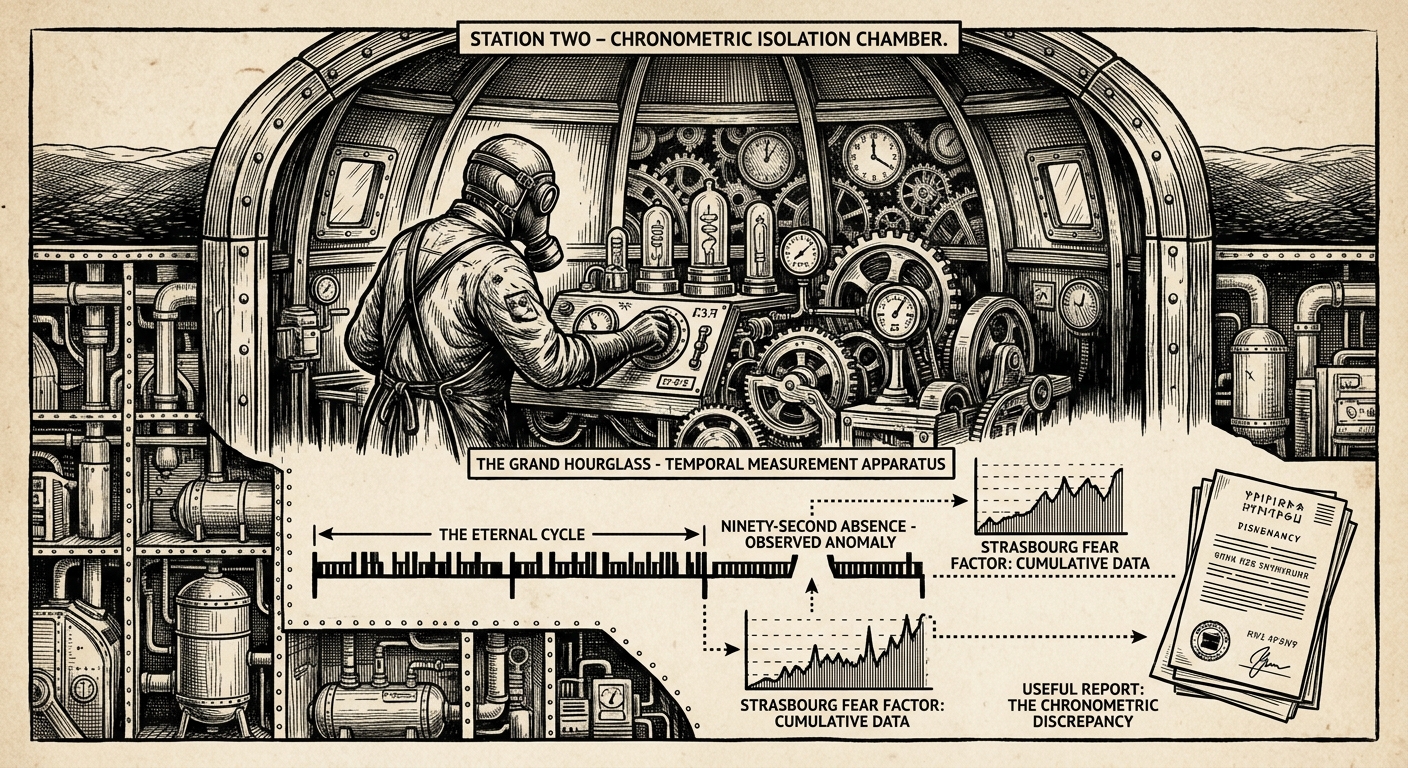 Adept Meryth Vesk — On Station Two, Where Time Is Kept Like a Prisoner, rendered as woodcut.