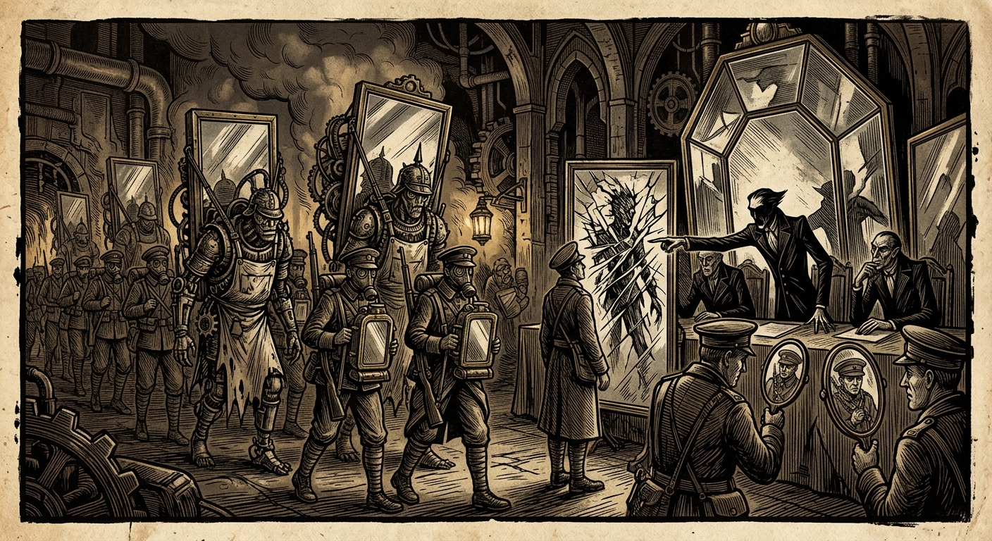 The Mirror-Lords — On the Mirror Courts and Their Export, rendered as woodcut.