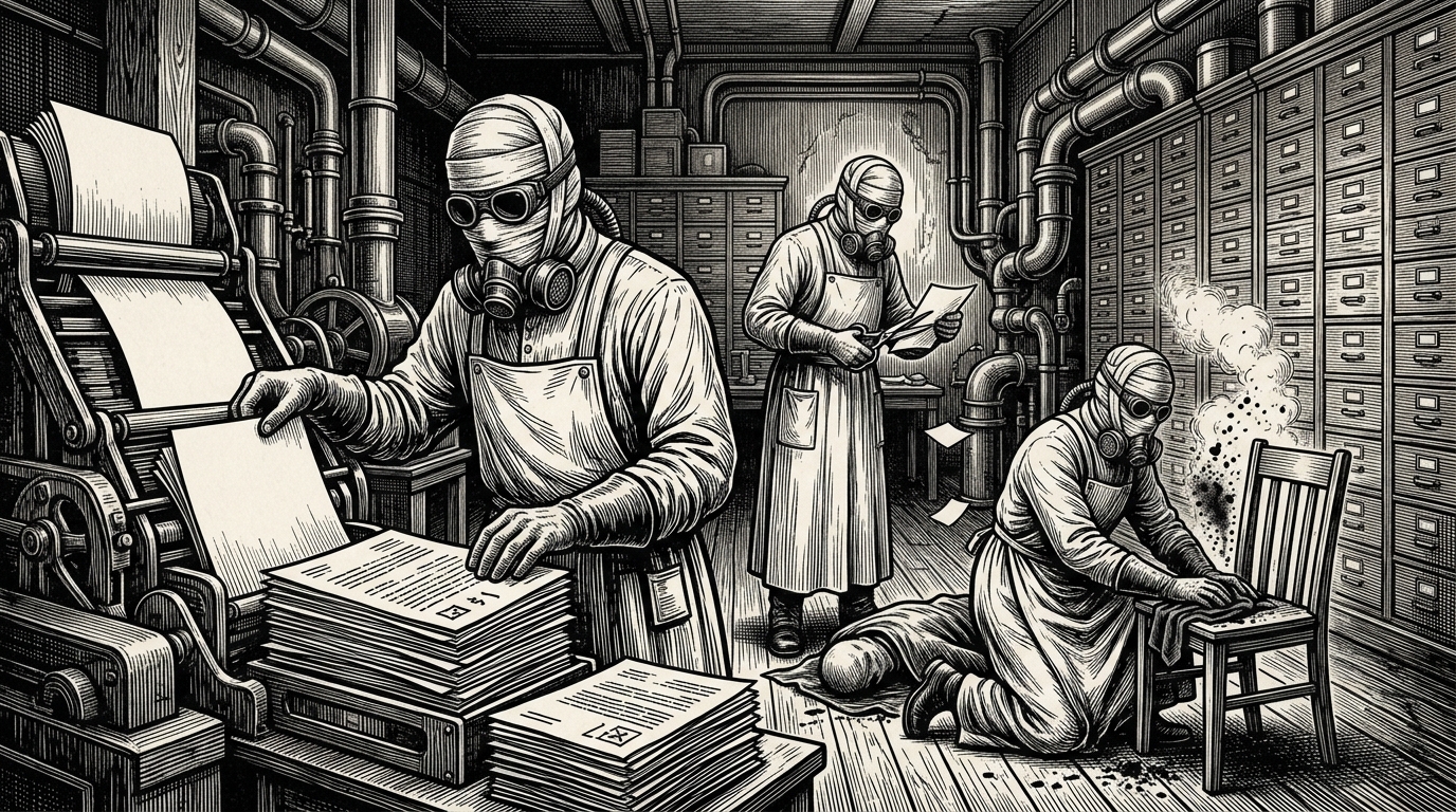 The Custodians — On What They Custodiate, rendered as woodcut.